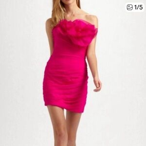 Marchesa Strapless Fuchsia silk mini cocktail Dress Sz S great condition